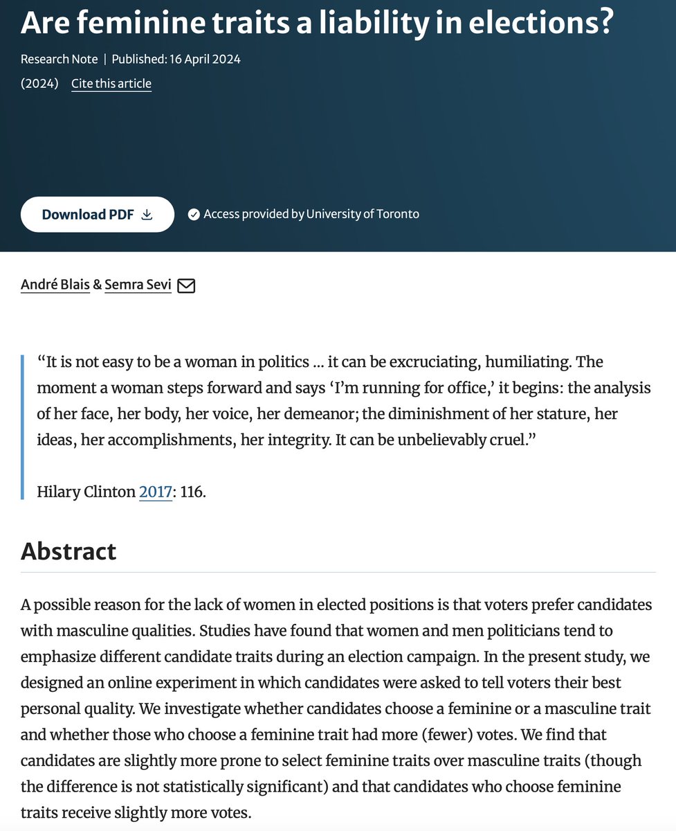 🚨Are feminine traits a liability in elections? My latest with @ablais_ at @ActaPolitica is now online! @Sciencepo_UdeM @UofT_PolSci @CSDC_CECD link.springer.com/article/10.105…