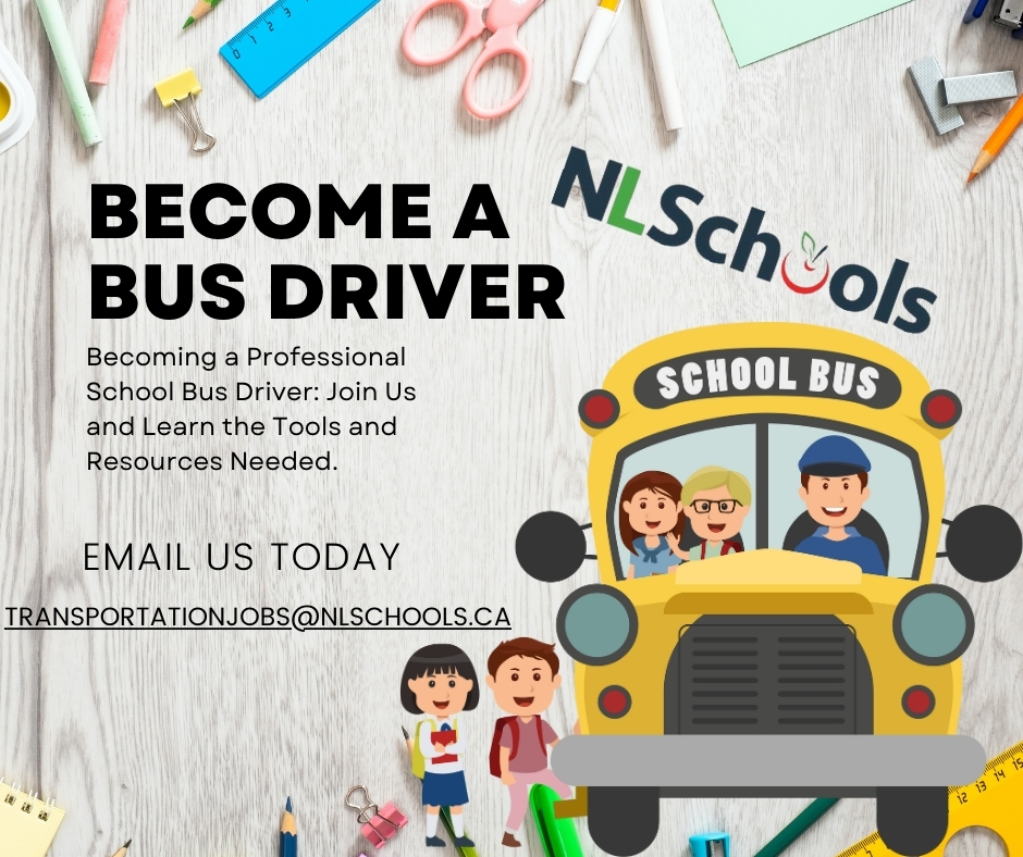 Being a bus driver requires responsibility, reliability, and kindness. If this describes you and you’re looking for a job with flexible hours, come join our team. Make a difference in your community! Email us at transportationjobs@nlschools.ca to learn more.