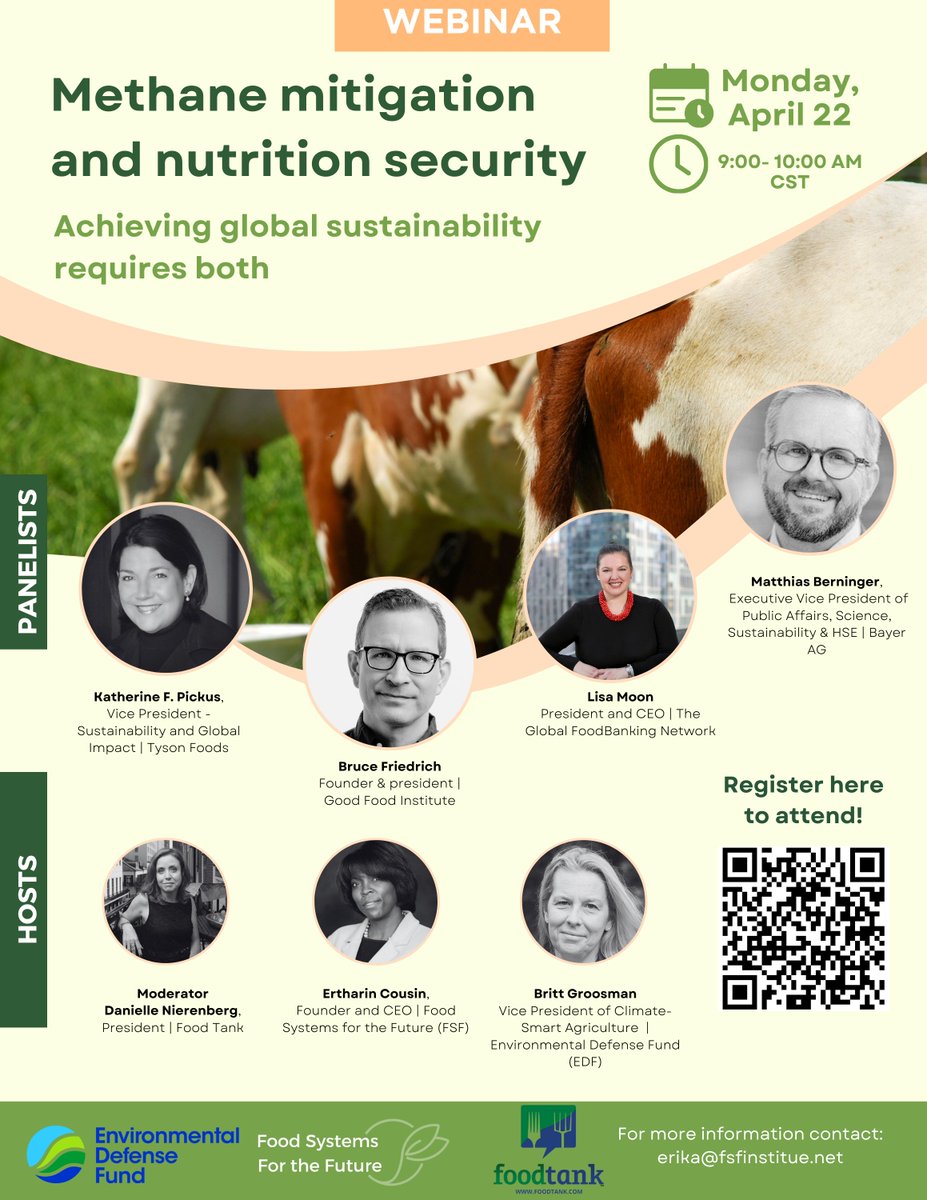 Exciting News! 🌟 Meet our updated list of panelists for our April 22nd webinar: 'Methane Mitigation and Nutrition Security.' Join experts from @TysonFoods ,@GoodFoodInst , @Bayer and @foodbanking for insights on sustainable food systems. Register here: us02web.zoom.us/webinar/regist…