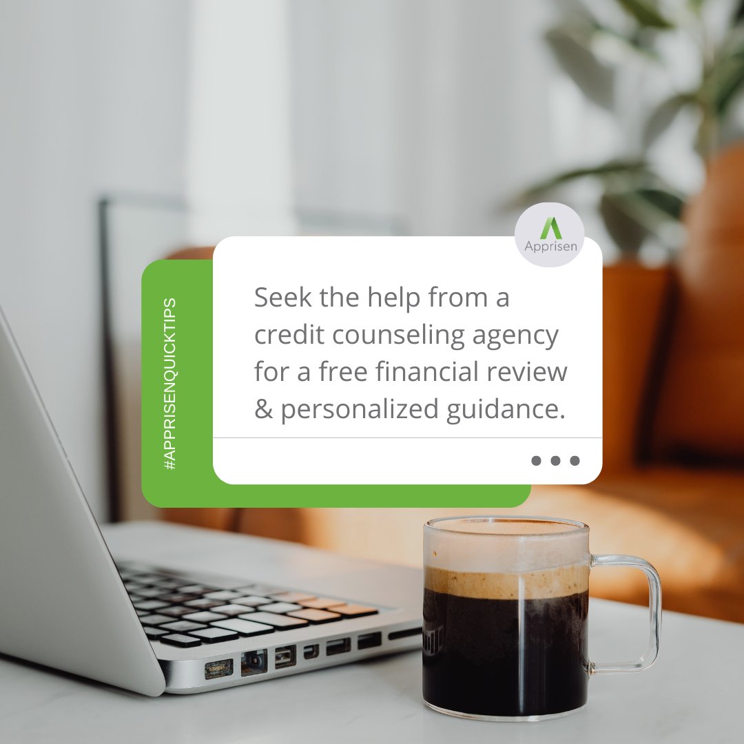 Apprisen's tweet image. #ApprisenQuickTips: Overwhelmed by financial clutter? Seek help from the pros! Reach out to a credit counseling agency, like Apprisen, for a free financial review &amp;amp; personalized guidance.

Learn more: bit.ly/4anvRT9
#MoneyTips #CreditCounseling