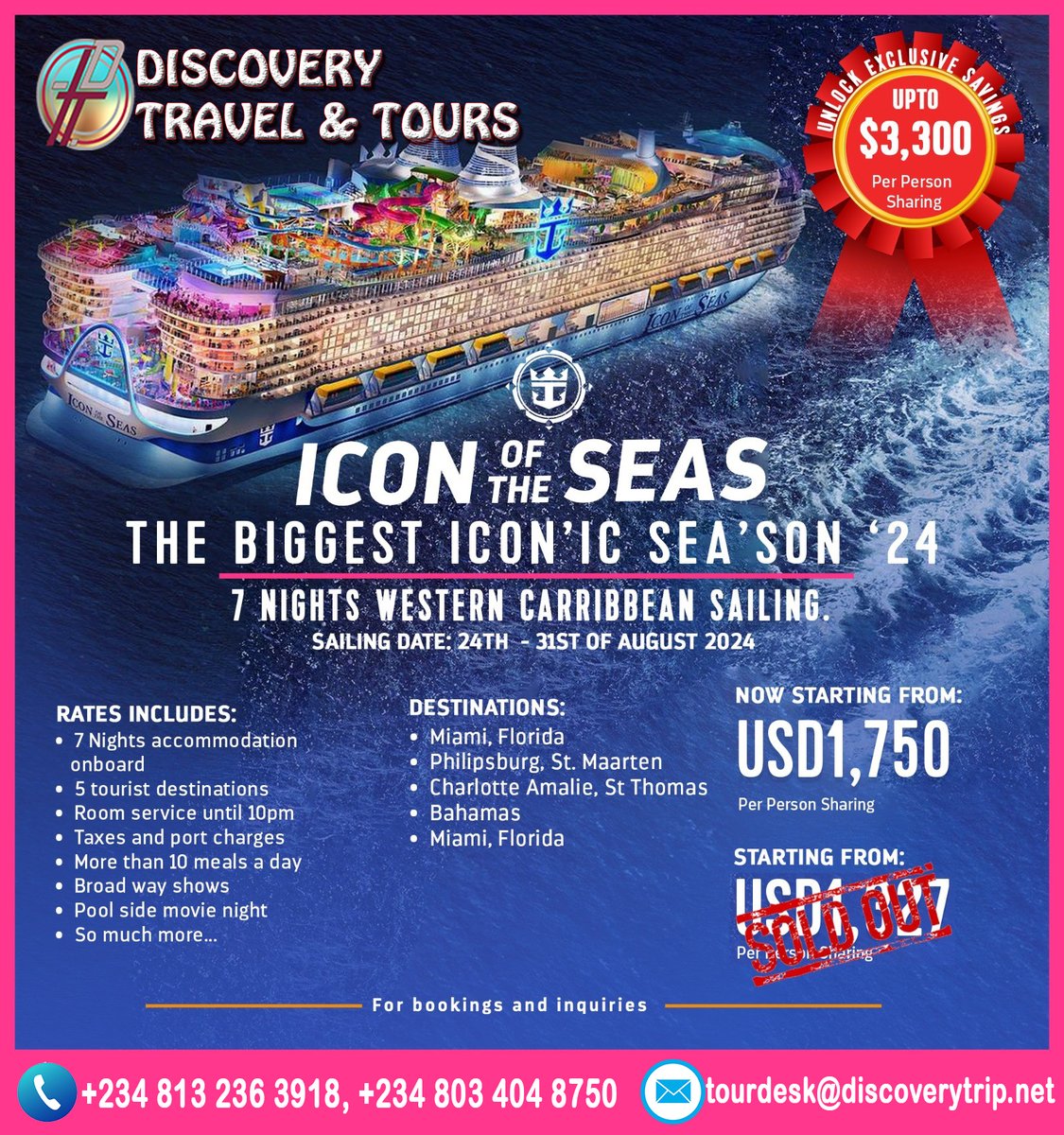 🚢Introducing the Biggest Iconic Season '24 🚢
Embark on a 7-Night Western Caribbean Sailing Adventure! 🌴⚓️
Don't miss out on this thrilling cruise journey. 🌊

Book your spot now and set sail with us! 🌟🛳️

#TravelGoals #CaribbeanCruise #AdventureAwaits #Sailing2024 #wanderlust