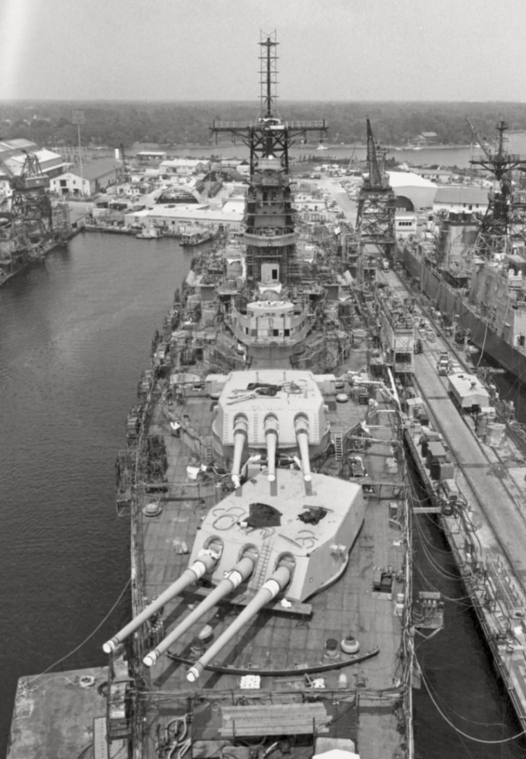 Date: June 17, 1983. Location: 30°20'49.3' N, 88°33'52.7' W. Event: Battleship Iowa undergoes modernization at the Ingalls Shipbuilding facility prior to her reactivation after 25 years in mothballs. She will be recommissioned into the USN 10 months later. Current status: Museum