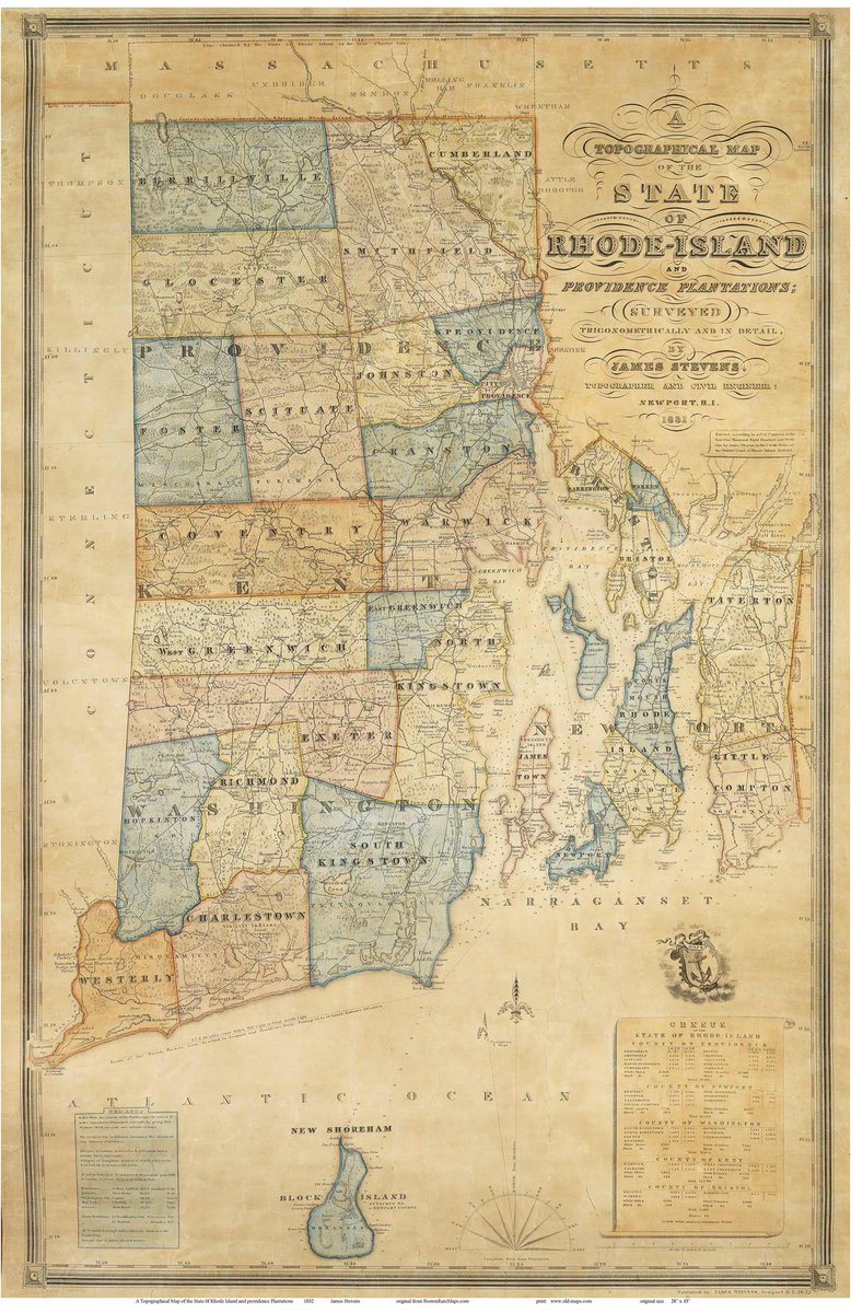 Ever wonder how RI ended up with 39 cities & towns? By 1831 there were already 31. Kingstown was split N&S in 1723, then Exeter split from NK in 1742. In 1862, RI lost part of Tiverton to MA. In return they were given part of Seekonk which gave birth to EP & Pawtucket. 1/