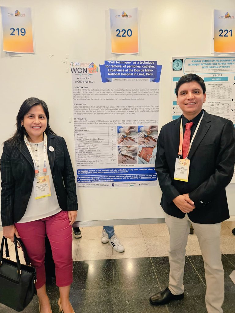 lluncornefro's tweet image. 📍Poster en el @ISNWCN 
✅️Experiencia del @H2deMayo 🇵🇪 en #DP con retiro de TKF usando la técnica de tracción (pull tecnique)‼️
✔️Ahorro de tiempo y sin complicaciones.
#ISNWCN #PDFirst #SLANHJoven #InterventionalNephrology