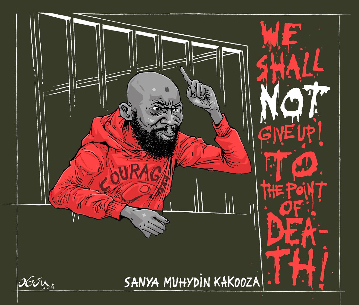 Sanya Muhydin Kakooza is a true symbol of resistance of tyranny. His ability to remain unbowed yet bloodied and chained makes him a pillar of the liberation cause. Cartoon: @chrisatuk