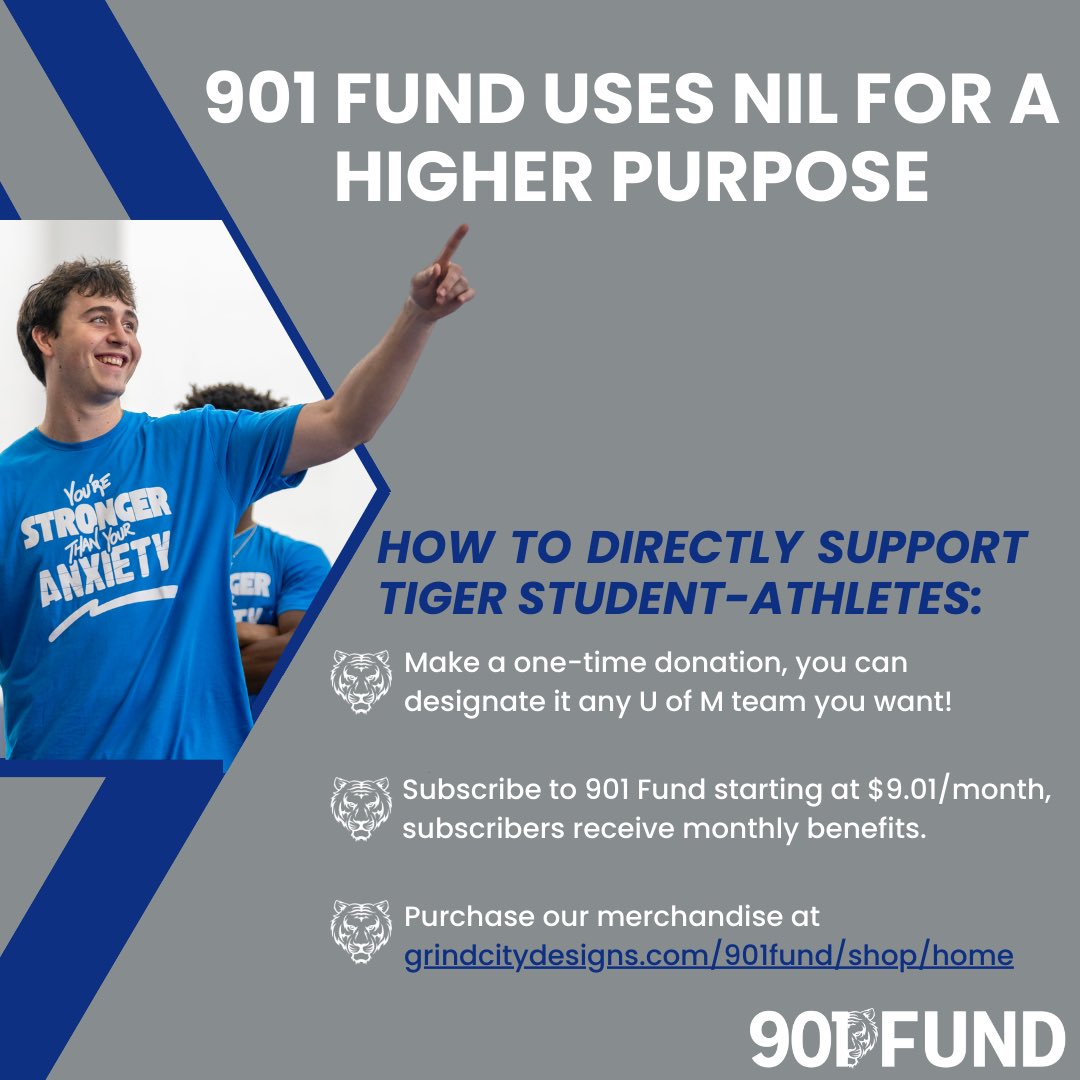 901 Fund provides NIL opportunities promoting local Memphis charities to student-athletes like me. Join today in supporting U of M tigers through a monthly or one-time football directed donation at 901fund.org/subscriptions ! #ad <a href="/901fund/">@901Fund</a>