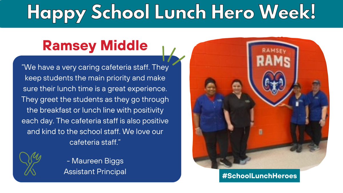 👩‍🍳 SCHOOL LUNCH HEROES 🦸‍♀️ | Happy School Lunch Hero Week to all of our dedicated nutrition services employees who keep our students fed! We're excited to highlight @jcpsschoolmeals staff this week! Today's 🌟: @RamseyMS_JCPS #WeAreJCPS