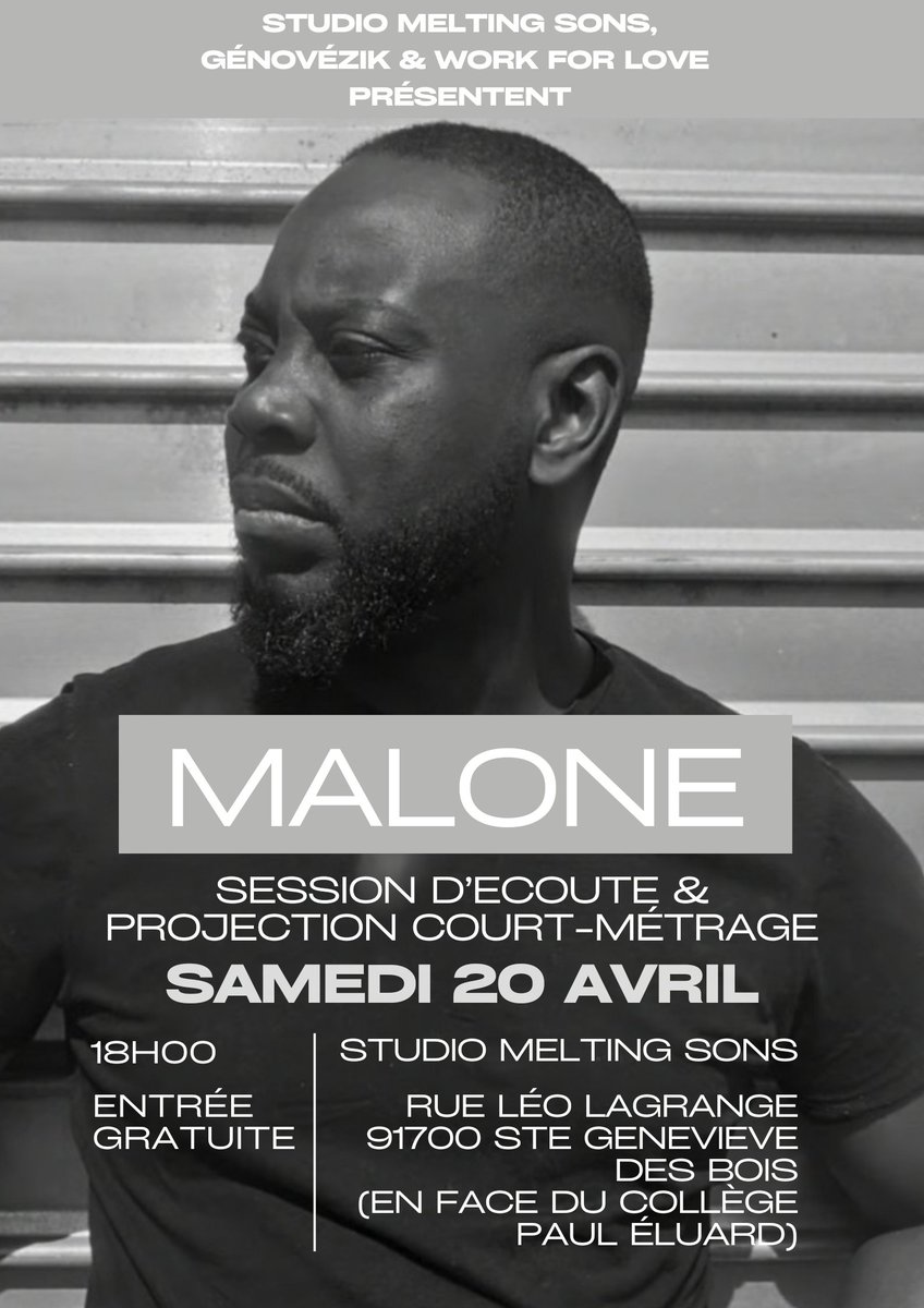 RDV ce samedi à Ste Geneviève (91) pour une nouvelle projection de court métrage et une session d'écoute de notre album ! fb.me/e/1cixPQzUK #workforlove #genovezik