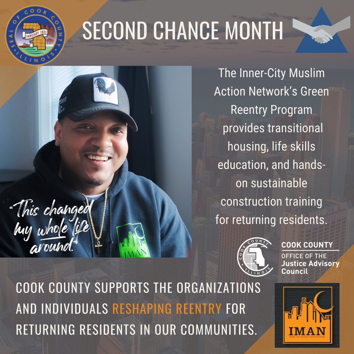 During #SecondChanceMonth, we acknowledge the barriers faced by returning residents. IMAN's Green ReEntry program is supported by the Cook County Justice Advisory Council's Gun Violence Prevention and Reduction Grant Initiative.