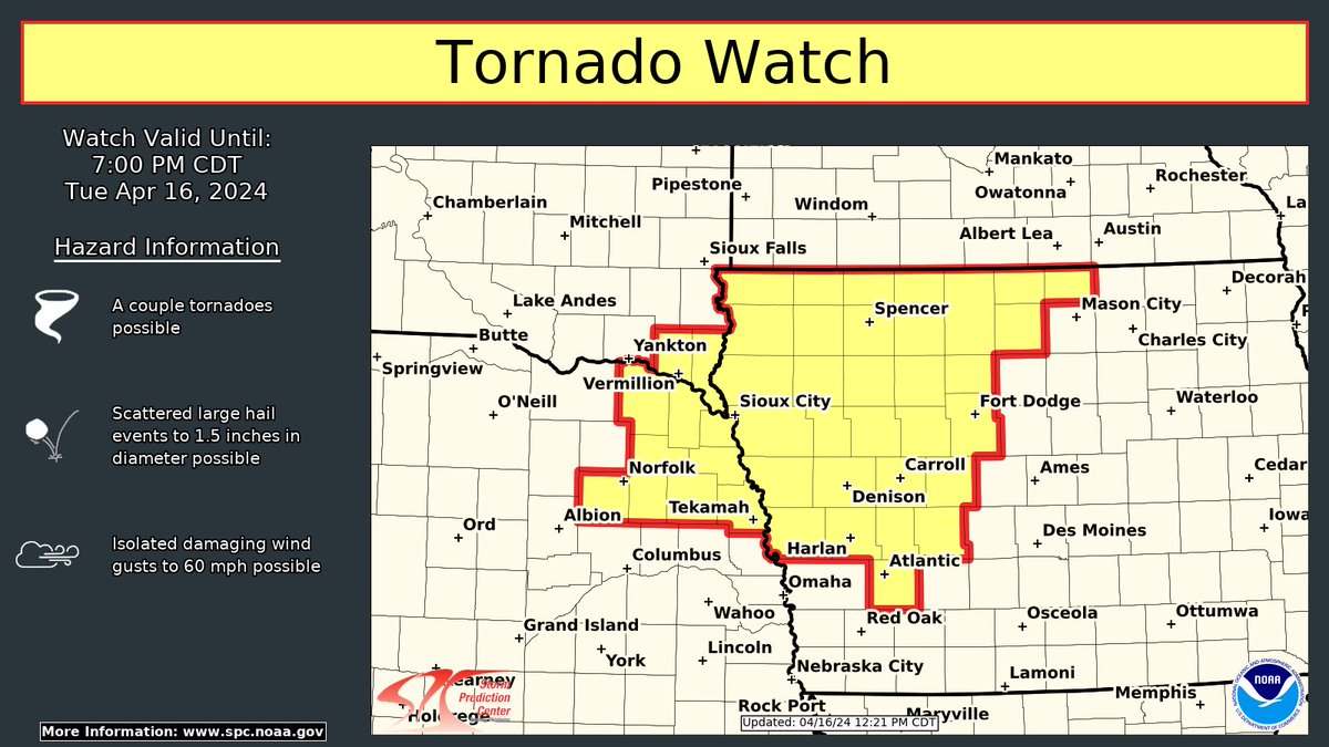 Multiple Tornado Watches are in effect for the Midwest this afternoon into the evening. Tornadoes, large hail, and damaging winds are possible. A few strong tornadoes are possible in central/eastern IA, northeastern MO, and northwestern IL. More info: spc.noaa.gov.