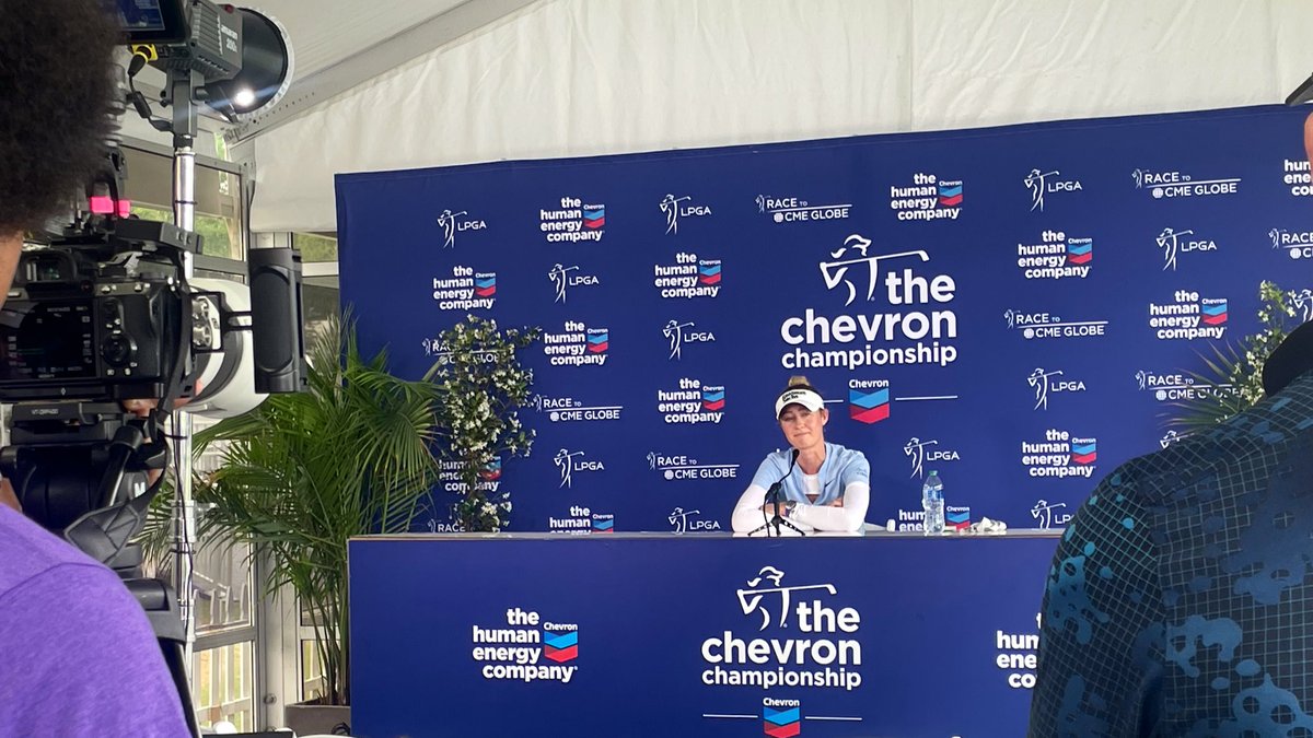 Nelly Korda meets with the media @Chevron_Golf ahead of her quest for a 5th straight win on LPGA Tour. When asked about the growth of women's golf and her recent success she says 'If we have a stage, we can show up and perform and show people what we're all about.'