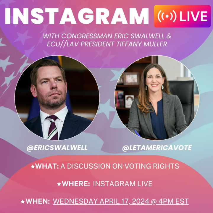 Join Rep. @ericswalwell and @LetAmericaVote President @Tiffany_Muller for a live discussion on the state of our democracy, abortion rights, and the impact of dark money on our elections. You don't want to miss this.