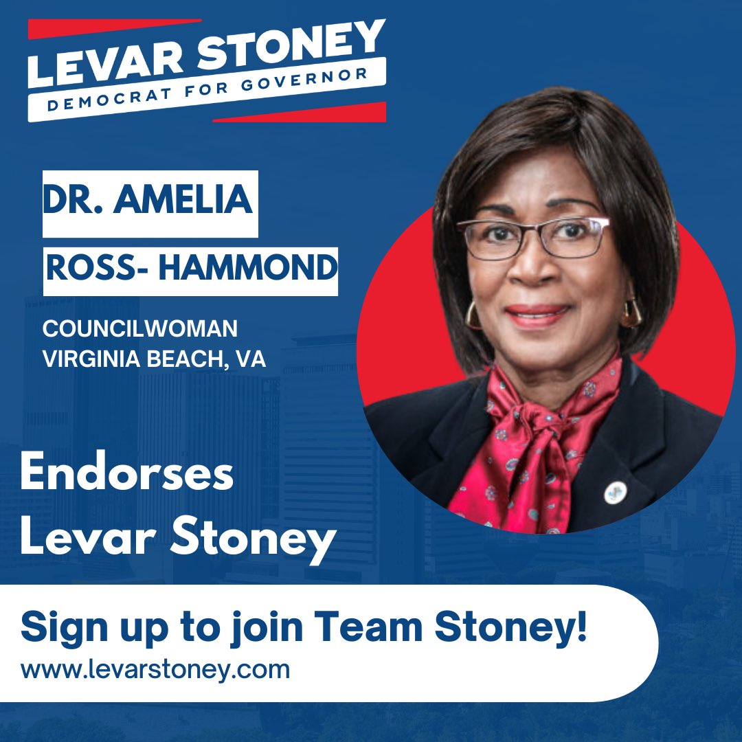 Thrilled to announce my campaign for Governor has been endorsed by Dr. @arosshammond! Dr. Ross-Hammond has been a steadfast leader for Hampton Roads, and I’m honored to have her on my side. Welcome to Team Stoney! 💪🏿