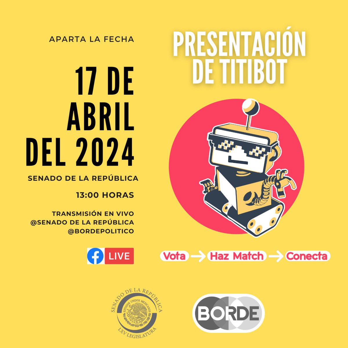 BordePolitico's tweet photo. ¡Acompáñanos a la presentación de TitiBot! 🤖💌 🚦El chatbot que te ayudará a conocer reformas clave votadas en el Congreso y tu afinidad con quienes te representan.
Transmisión en vivo por redes sociales:
@senadomexicano
@bordepolitico
#preguntaleatiti #politica #titibot https://t.co/KXg3UnRBRb
