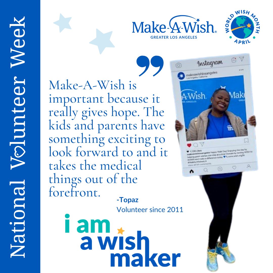 This National Volunteer Week we want to shout out one of WishMakers, Topaz! She has been a volunteer for 13 years and has worked side by side with our team to help grant wishes. Thank you to Topaz for being a WishMaker and making a difference in our wish kid’s lives. #NVW 💙