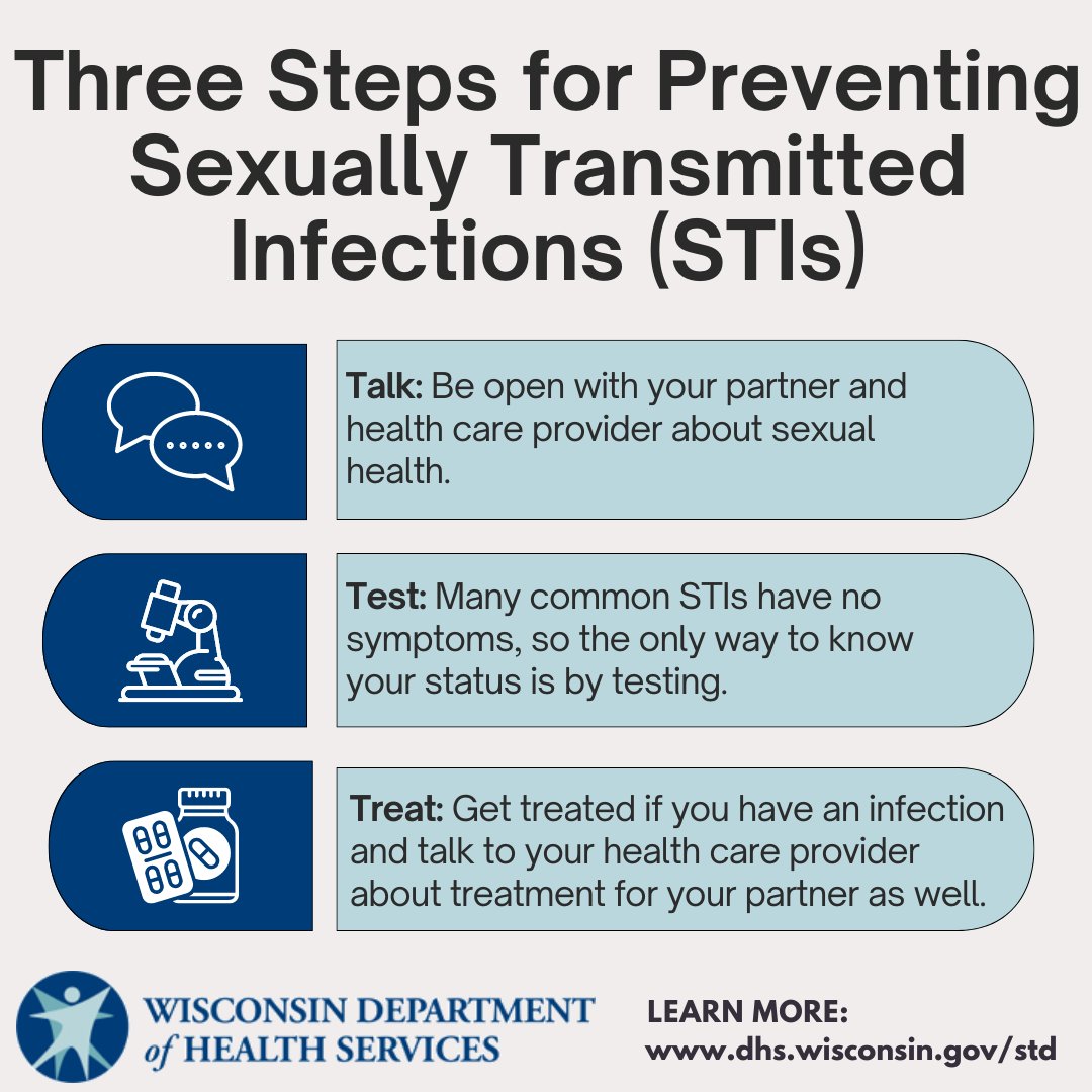 #DidYouKnow? Just three simple steps can help you protect yourself from sexually transmitted infections (STIs), also known as sexually transmitted diseases (STDs) – talk, test, and treat. ➡ This #STIWeek, learn more: dhs.wisconsin.gov/std