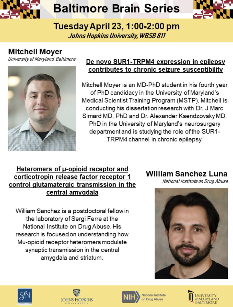 BMoreBrainy's tweet photo. Join us next Tuesday from 1:00-2:00 to kick off the Hopkins Baltimore Brain Series seminars! Awardees Mitchell Moyer (@mitchellbmoyer) and William Sanchez (@WillliamSanchez) will present their work. Zoom link can be provided upon request! @HopkinsNeuro @jhneurostudents https://t.co/Qda0AdOhRc