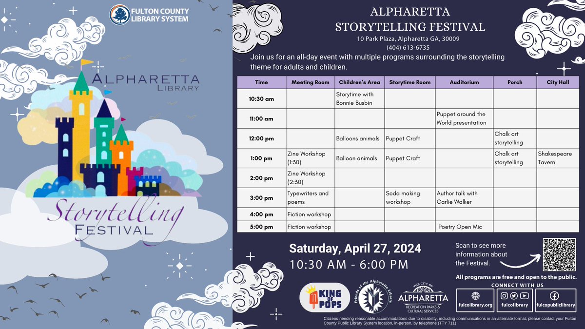 Join us for an all-day event with multiple programs surrounding the storytelling theme for adults and children! For more information about this event, please, check our Events Calendar. tinyurl.com/2xa2x89t #FulcoLibrary #alpharetta #storytelling #festival