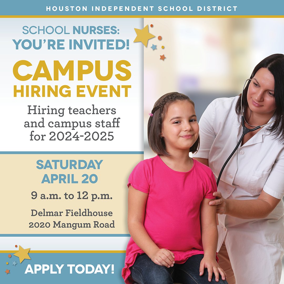 📣 Calling all Certified Nurses! 🏥 Join us at HISD’s campus hiring event on April 20 at Delmar Fieldhouse. We’re seeking dedicated individuals to play a vital role in ensuring a safe and nurturing environment for all students. Register here to attend: bit.ly/3Jie5Vw