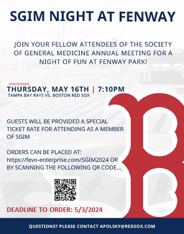 Join your colleagues for SGIM Night at Fenway Park during #SGIM24! Get your tickets before the deadline on 4/5 buff.ly/3U2ne9A