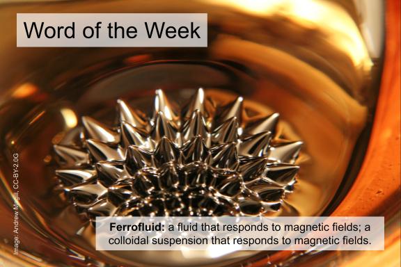 Word of the Week

Ferrofluid: a fluid that responds to magnetic fields; a colloidal suspension that responds to magnetic fields.

#wordoftheweek #sciencewords #ferrofluid