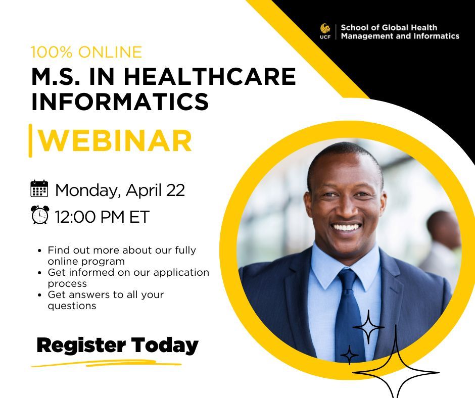 Join us at our next info session for our MS in Healthcare Informatics program. 🗓 Mon, 4/22/24 ⏰12:00 PM ET 💻 Register now! buff.ly/45y9CHT #HealthInformatics #MSHCI #InfoSession #UCFSGHMI #UCFCCIE #UCFWebinar
