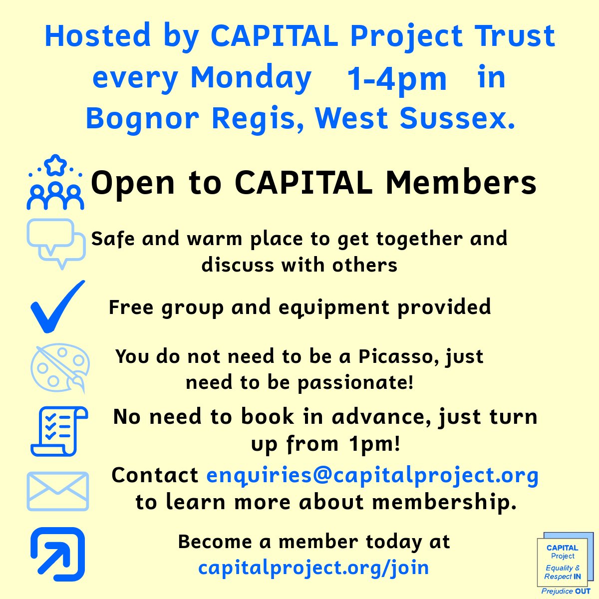 Take part in #CAPITALProjectTrust's weekly #ArtGroup between 1pm-4pm in #Bognor Regis, #WestSussex

✅OPEN to ALL CAPITAL Members
🎨No experience in art needed to take part
✅Equipment and materials provided

🔗Visit capitalproject.org/join to learn about membership