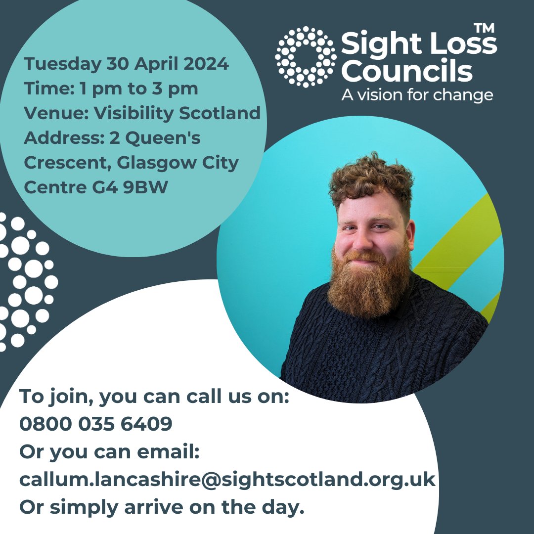 Sight Loss Councils, delivered in Scotland by Sight Scotland, Sight Scotland Veterans and @VisibilityScot and funded by @PocklingtonHub, are regional groups led by blind and partially sighted volunteers. Our first events are in Edinburgh 25 April and Glasgow 30 April.