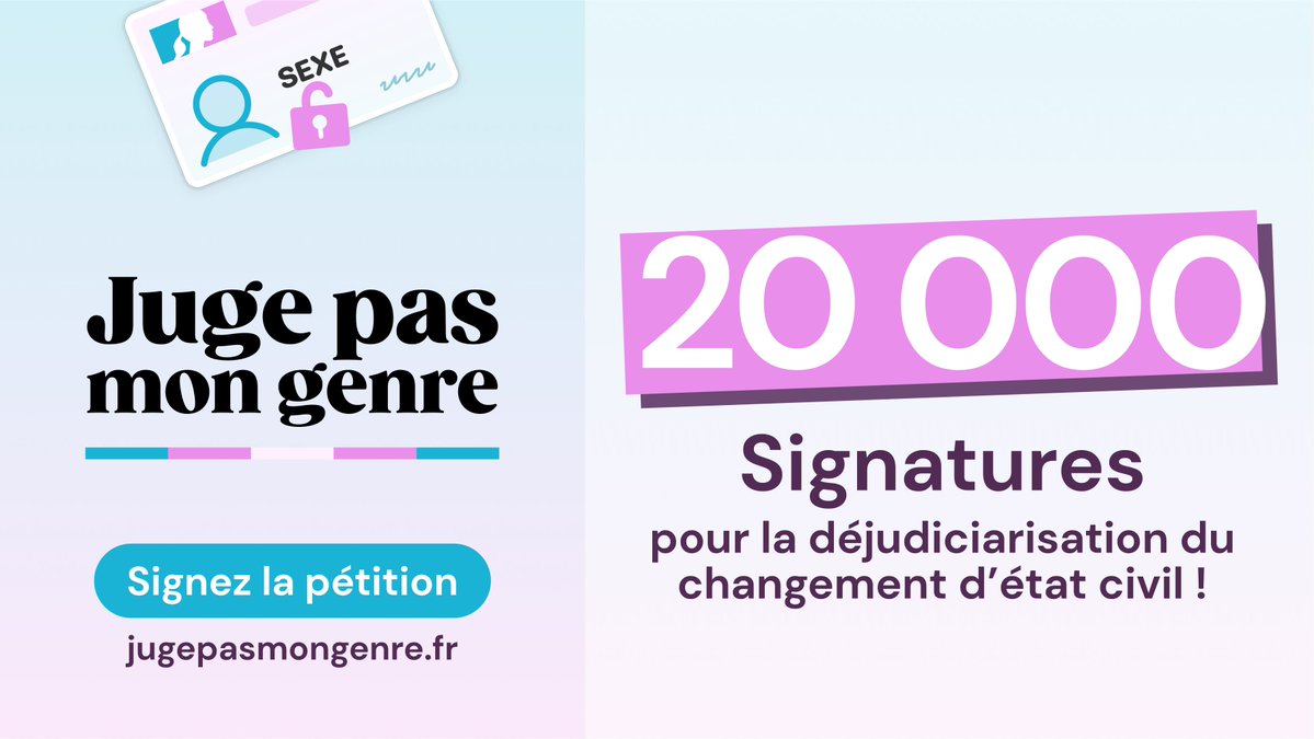 Plus de 20 000 signatures sur la pétition #JugePasMonGenre pour un changement de sexe à l'état civil déjudiciarisé, libre et gratuit pour toutes les personnes trans ! Prochain objectif : 30 000 signatures ! Continuons à signer et à faire signer → jugepasmongenre.fr