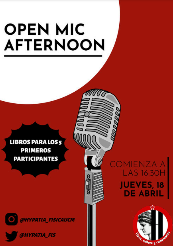 El jueves, 18 de abril tendrá lugar el ✨🎙️OPEN MIC 🎙️✨ en la plaza de las ciencias
Si quieres venir a demostrar tus habilidades de poesía, canto, instrumentos... Apúntate os esperamos allí.
Además a los 5 primeros participantes podrán escoger entre unos libros que regalaremos.