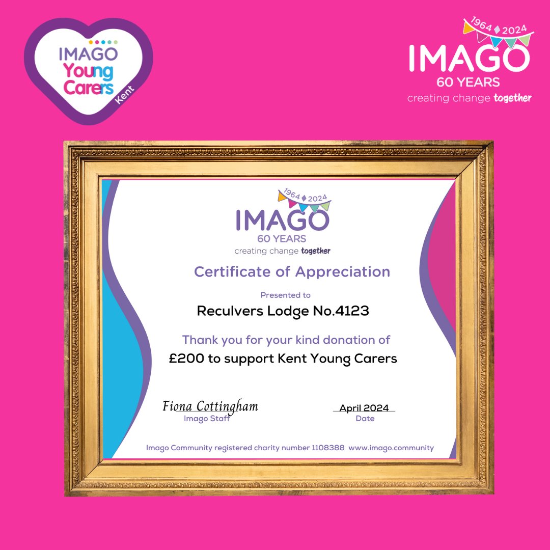 On behalf of Imago and our Kent Young Carers service, a huge thank you to Reculvers Lodge No.4123 for your kind donation of £200. If your organisation or business is looking to support a charity, please follow our page & get in touch. #ImagoCommunityUK #charity #fundraising