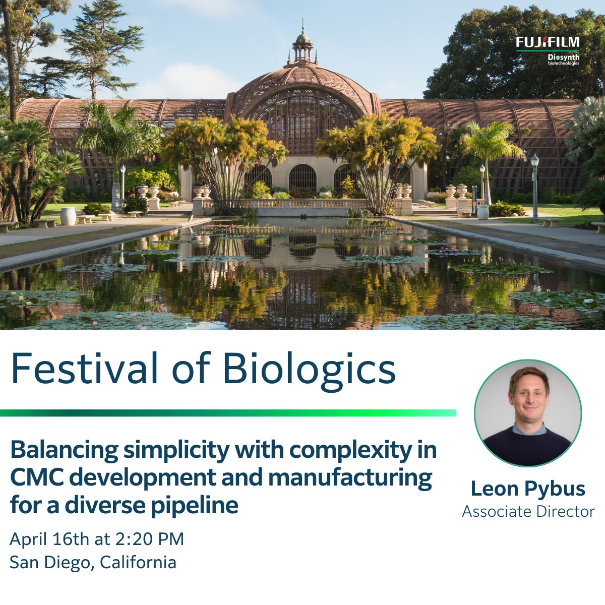 🔬Join us at the Festival of Biologics USA in San Diego today at 2:20 PM, where Leon Pybus, Asc. Director of Mammalian Cell Culture, will present 'Balancing simplicity with complexity in CMC development and manufacturing for a diverse pipeline.' #Biologics #CMC #Biomanufacturing