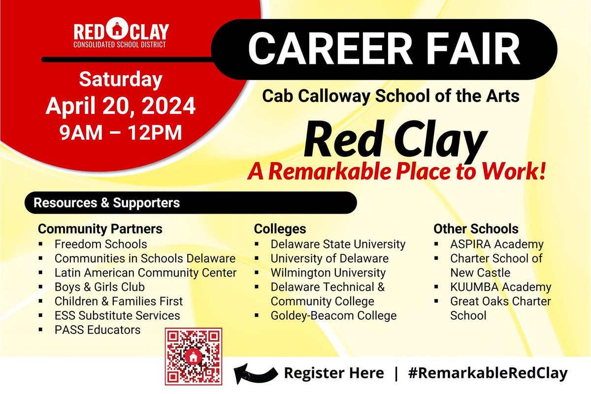 The Remarkable Red Clay is a Great Place to Work! Join Us: Career Fair on Saturday, April 20, 2024, from 9:00 am-12:00 pm at Cab Calloway School of the Arts (100 N. Dupont Road, Wilmington, DE 19807)