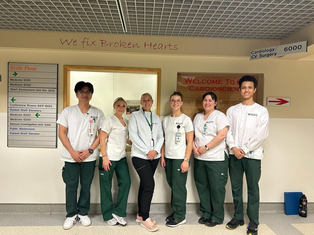 This smiling NURS 333 group finished their clinical rotation at RUH Cardiology. 

L to R: Jan Renz, Charnel, Tara (Instructor), Mia, Rachel, and Malik. 

Thank you to @SaskHealth and nursing staff at JPCH, who instruct clinical placements such as this one.