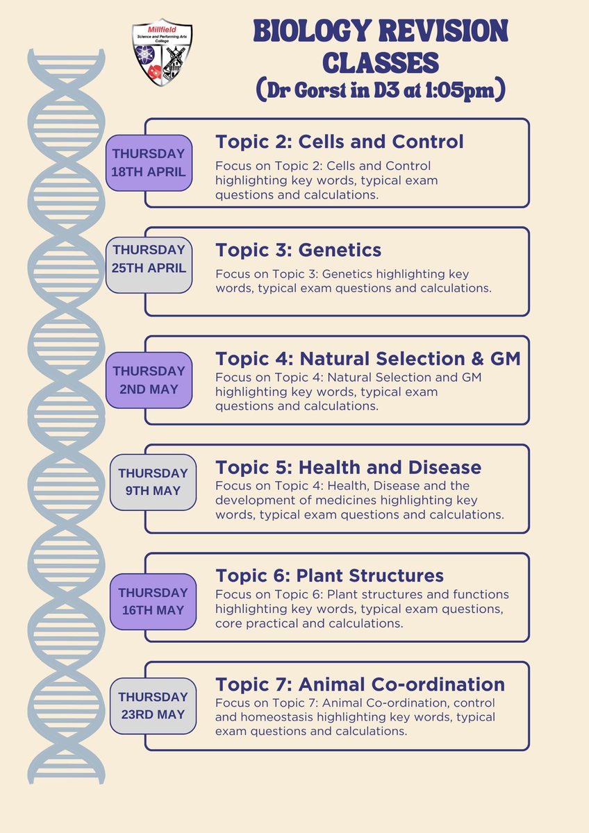 Upcoming Biology lunchtime revision classes to prepare for Biology GCSE. All students are welcome - pop into D3 at lunchtime on Thursdays #Biology #TeamMillfield #BeExceptional #TeamScience