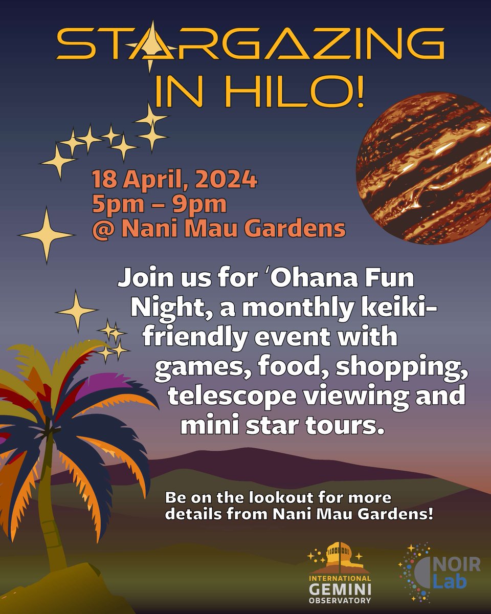 On Thursday April 18 come learn about astronomy in Hawaiʻi at the Hilo Town Tavern and/or Nani Mau Gardens! Play some bar games at Astronomy on Tap at the Tavern from 8- 10pm. Or stargaze with your keiki & enjoy ʻono food trucks at ʻOhana Fun Night at Nani Mau Gardens from 5-9pm