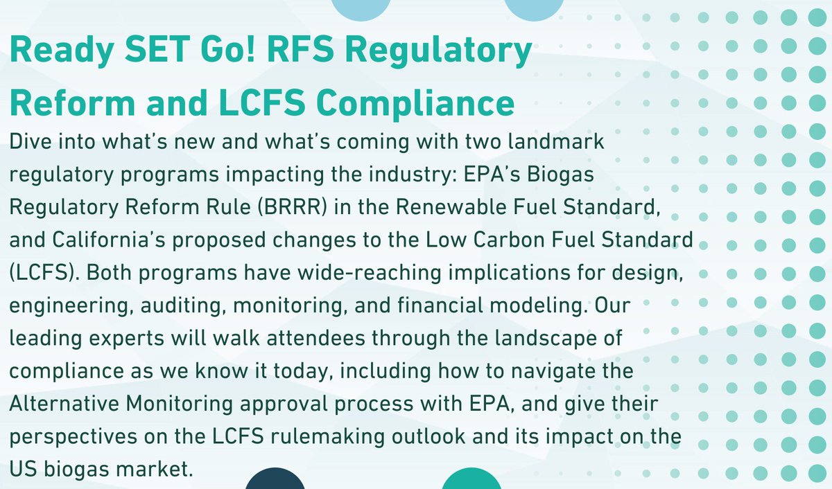 Join the new closing session at BIOGAS AMERICAS, 'Ready SET Go! RFS Regulatory Reform and LCFS Compliance'!
This is a must-attend workshop for #biogas #projectdevelopers, owner/operators, #QAP & auditing firms, vendors/OEMs, & #LCFS market participants.
biogasamericas.com