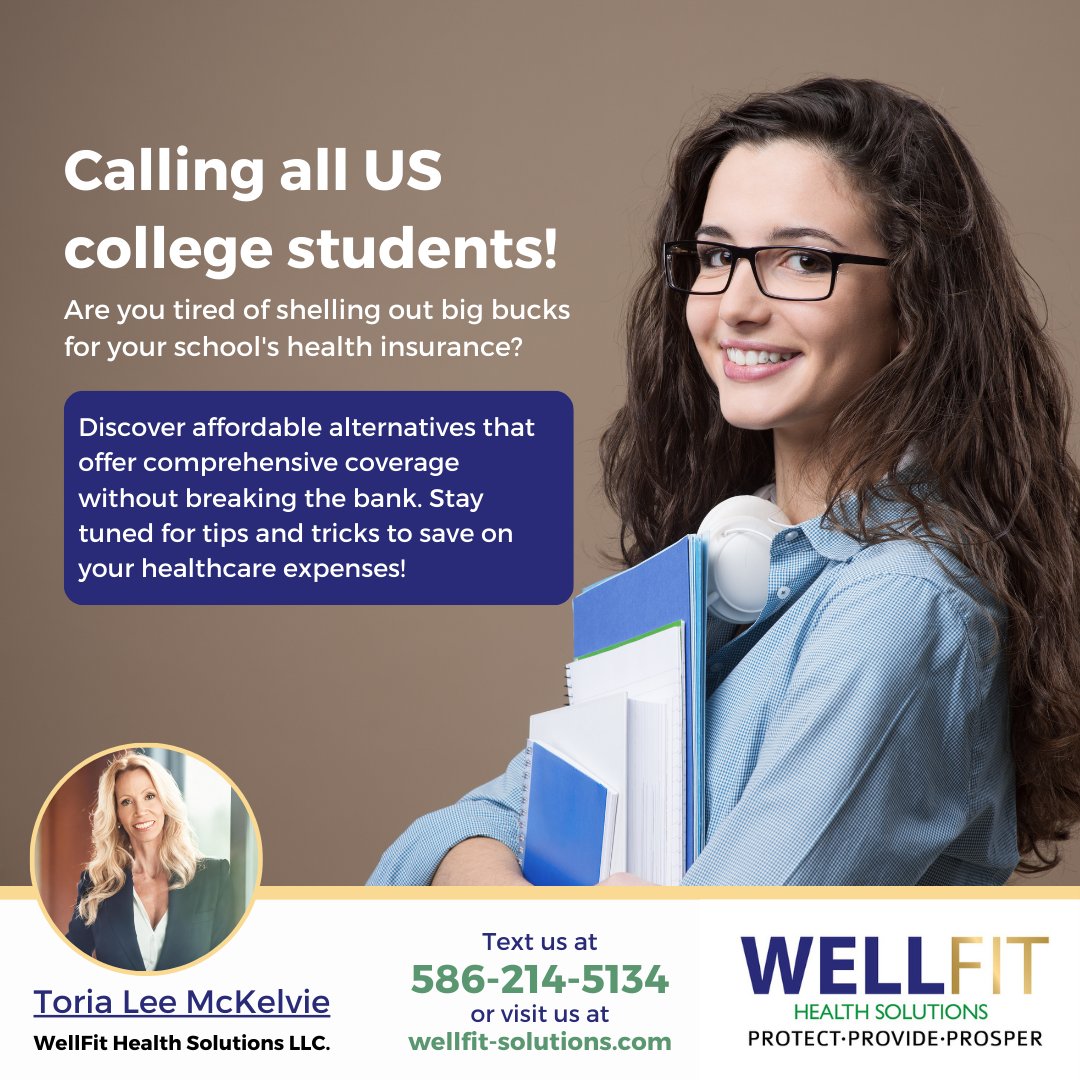 #Healthinsurance shouldn't break the bank, especially for hardworking college #students. Let's explore budget-friendly options that provide the coverage
.
Call or text Toria 'Insurance Advocate & Benefits Advisor
' at 586-214-5134
or visit us at wellfit-solutions.com