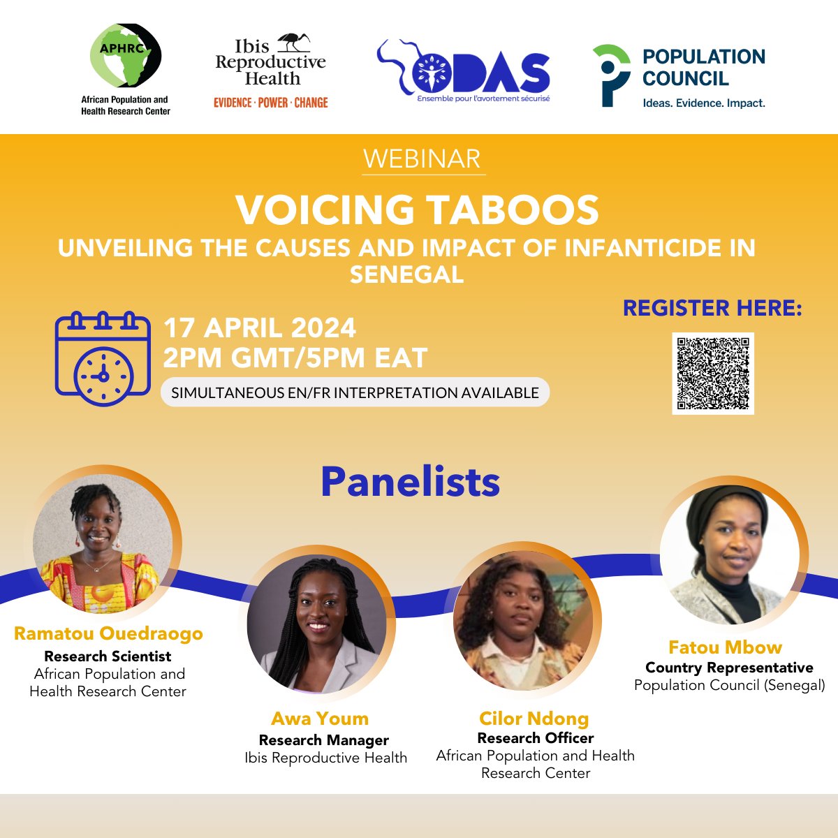 Tomorrow at 10am EST/2pm GMT/5pm EAT @IbisRH, @APHRC, @CentreOdas, and @Pop_Council will be hosting a webinar to unpack findings from our study on infanticide in Senegal. Ibis Research Manager Awa Youm will be a panelist. RSVP here: ow.ly/Y4sh50R2I9e