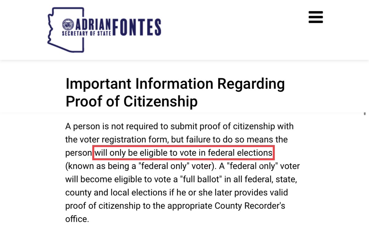 In Arizona, you are required to show proof of citizenship in order to vote. If you don't, you could still vote in federal elections.