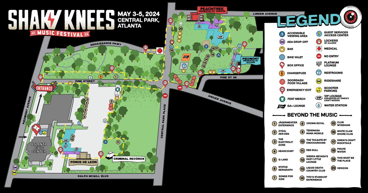 2024 Map 🌳 Discover what Shaky Knees has to offer in Atlanta's Central Park, from Peachtree to Piedmont to everywhere in between!
⁣
Top Tip! Save a hi-res version of the map: bit.ly/4cSTSU5