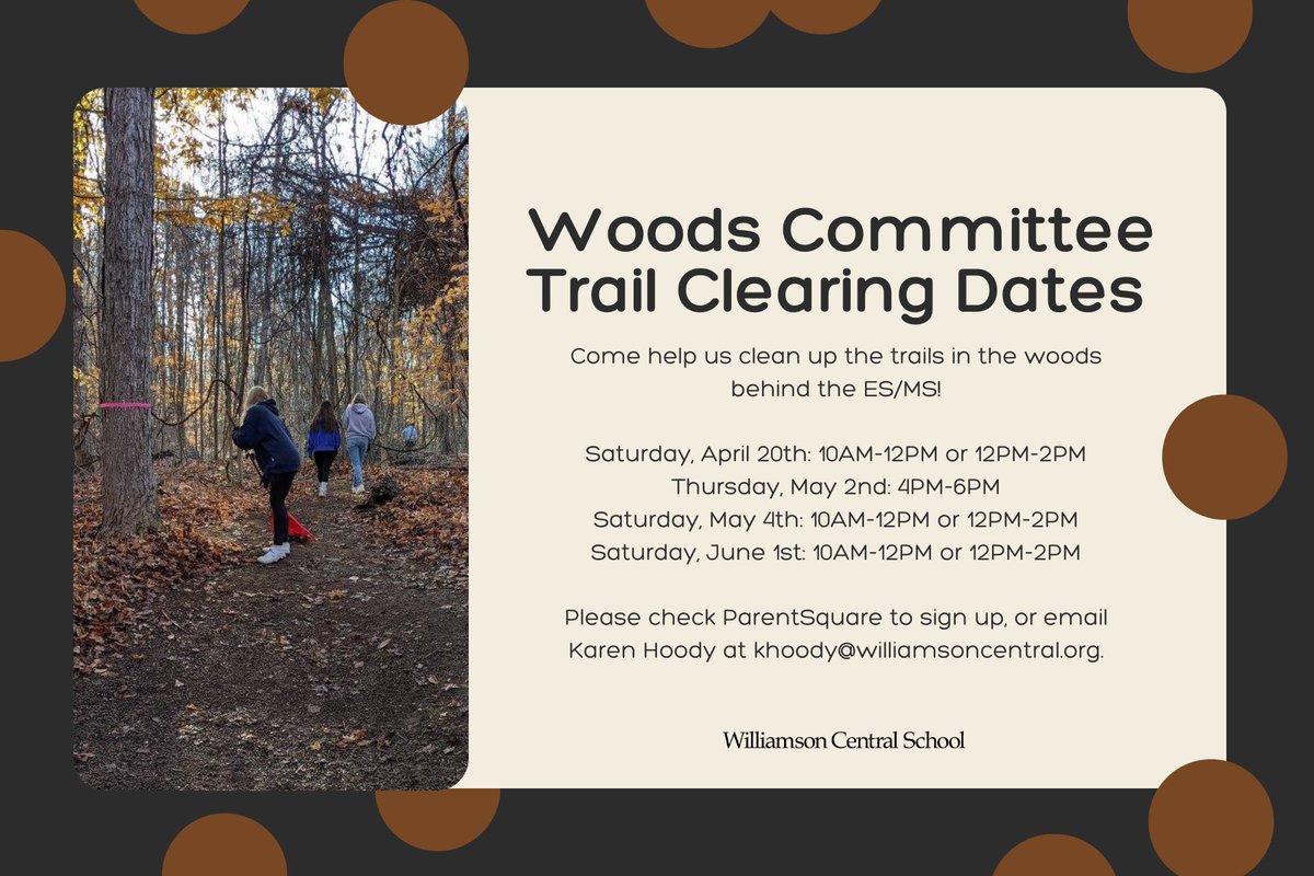 We're looking for some adventurous volunteers to help us clear the trails in the woods behind the ES/MS! 🌳🍁🌲🍂🌿 If you're interested, please reach out to Karen Hoody at khoody@williamsoncentral.org. Hope to see you in the woods!!