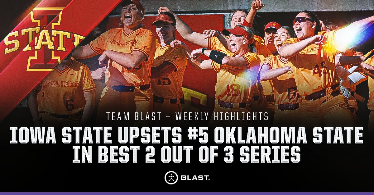 #𝗧𝗘𝗔𝗠𝗕𝗟𝗔𝗦𝗧 𝗪𝗘𝗘𝗞𝗟𝗬 𝗛𝗜𝗚𝗛𝗟𝗜𝗚𝗛𝗧 🥎 Iowa State (@cyclonesb) took down #5 Oklahoma State twice to secure a top-five series win. It's the Cyclones' highest-ranked series win in program history! 🤩 Game 1: W, 2-0 ✅ Game 2: W, 5-2 ✅ Game 3: L, 2-10