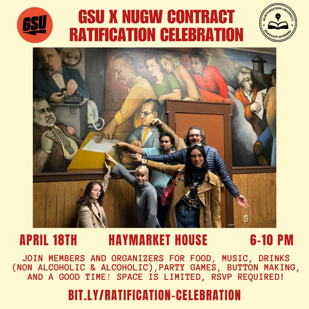 Northwestern University Graduate Workers (NUGW) (@northwesterngw) on Twitter photo NUGW-UE and <a href="/uchicagogsu/">UChicago GSU - UE⚡</a> members and organizers! Join us this Thursday 6-10pm at Haymarket House for games, snacks, food, music, beverages, good vibes, and lots of love to go around. Please RSVP as space is very limited! -> bit.ly/ratification-c… NUGW-UE and <a href="/uchicagogsu/">UChicago GSU - UE⚡</a> members and organizers! Join us this Thursday 6-10pm at Haymarket House for games, snacks, food, music, beverages, good vibes, and lots of love to go around. Please RSVP as space is very limited! -> bit.ly/ratification-c…