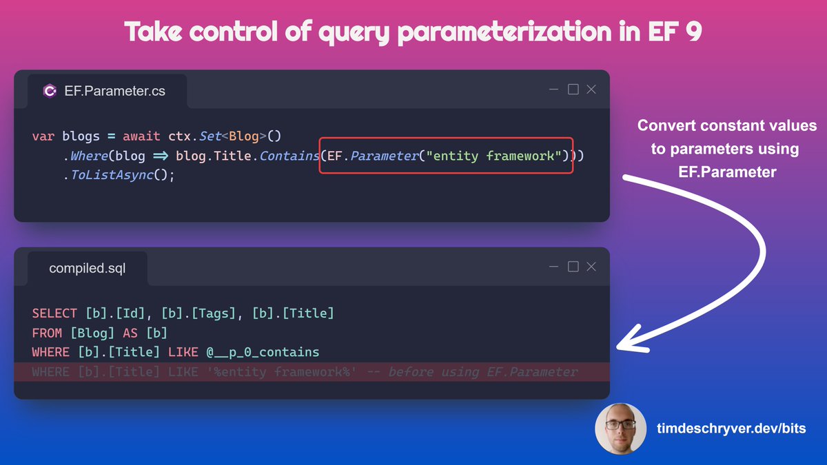 tim_deschryver's tweet photo. Take control of query parameterization in EF 9

For more info about this #TuesdayBit see my blog at https://t.co/K30HFlcBPy

#dotNET #EntityFramework https://t.co/V1sS40drbM