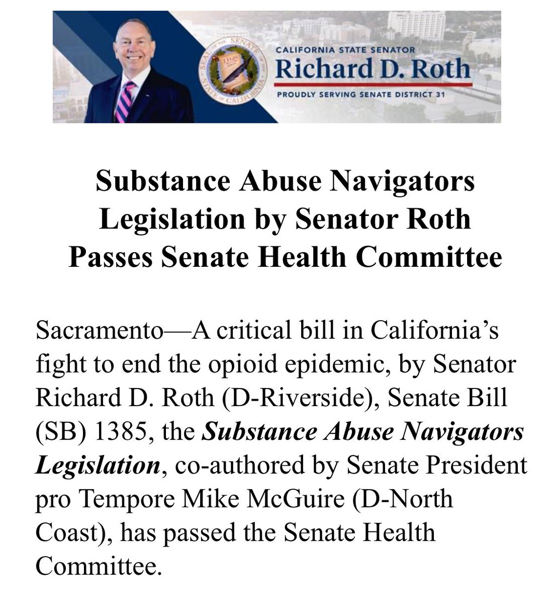 Senator Richard Roth Presents SB 1385 - Substance Abuse Navigators youtu.be/TRxSXduRhy8?si… via @YouTube