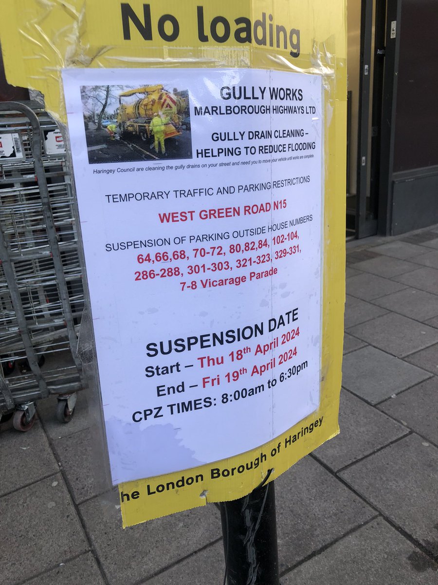 WEST GREEN: Parking is suspended along sections of West Green Rd on Thurs + Friday This to enable the council to conduct its regular cleaning of our storm drains to prevent flooding.