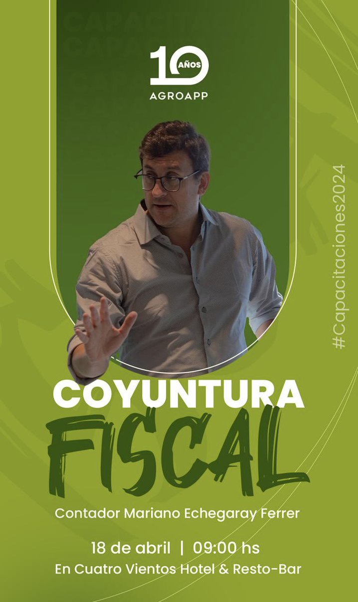 echegarayferrer's tweet photo. Este viernes 18 de abril,
MARIANO ECHEGARAY FERRER estará exponiendo en Cuatro Vientos Hotel & Resto Bar, a las 9:00 🕘 hs.
@MarianoEcheg es especialista en materia de #impuestos del agro.
Organiza #AGROAPP
Este #BuenViernes : SUMATE. https://t.co/iIWdAYtAYP
