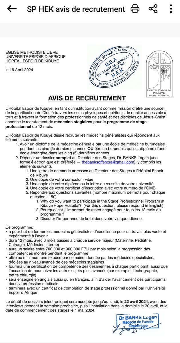 nsengstor20n1's tweet photo. L stage professionnel offert  par l'Université @espoir_afrique à travers l'Hôpital Espoir d Kibuye est l seul stag professionnel  au Bdi remplissant les conditions d'internship post-graduation des  medécins exigé par nombreux pays. C est c type d'internship qu l'EAC a recommandé https://t.co/eHQEuCBwxl