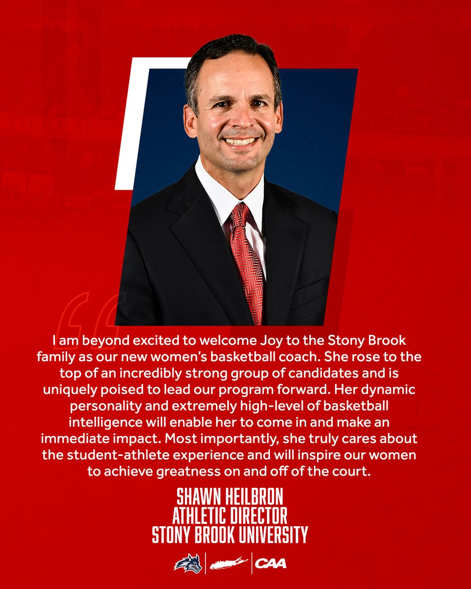 'I am beyond excited to welcome Joy to the Stony Brook family as our new women's basketball coach. She rose to the top of an incredibly strong group of candidates and is uniquely poised to lead our program forward.' - @ShawnHeilbron 🌊🐺 x #CAAHoops